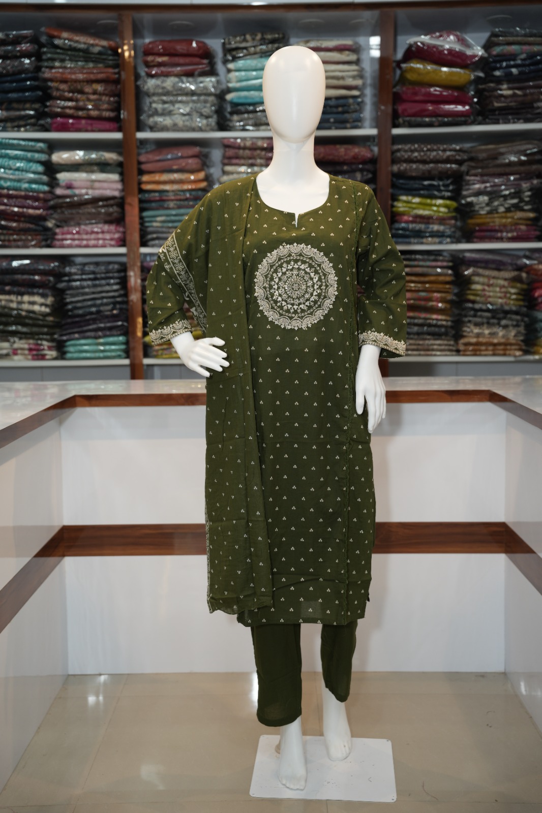 Pure Cotton Three Piece Kurta Set - Olive Green