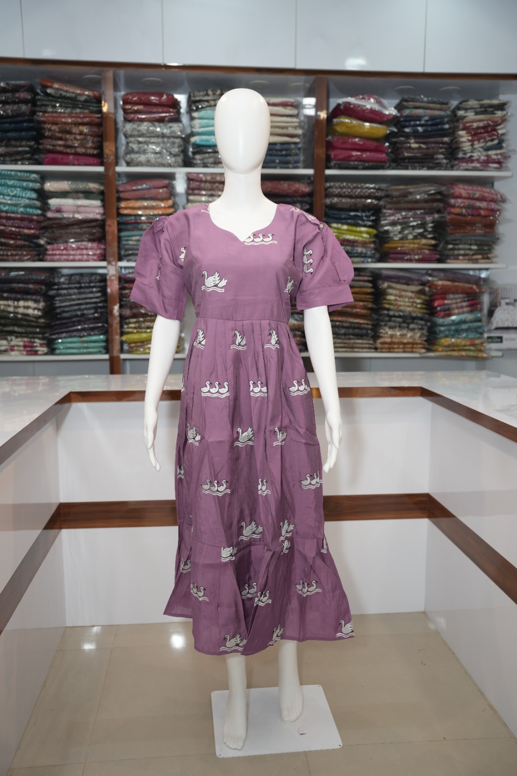 Swan Embroidered Long Frock - Mauve