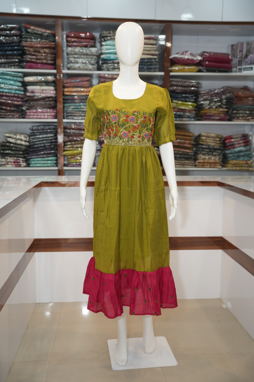 Floral Embroidered Long Frock - Lime Green