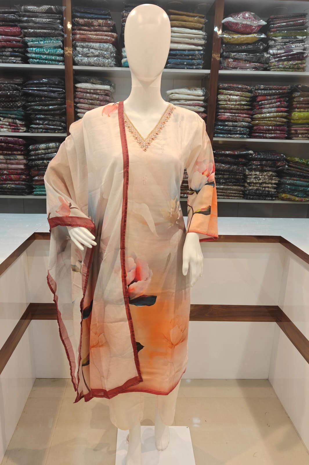 Frock Palazzo Dupatta Set - Cream