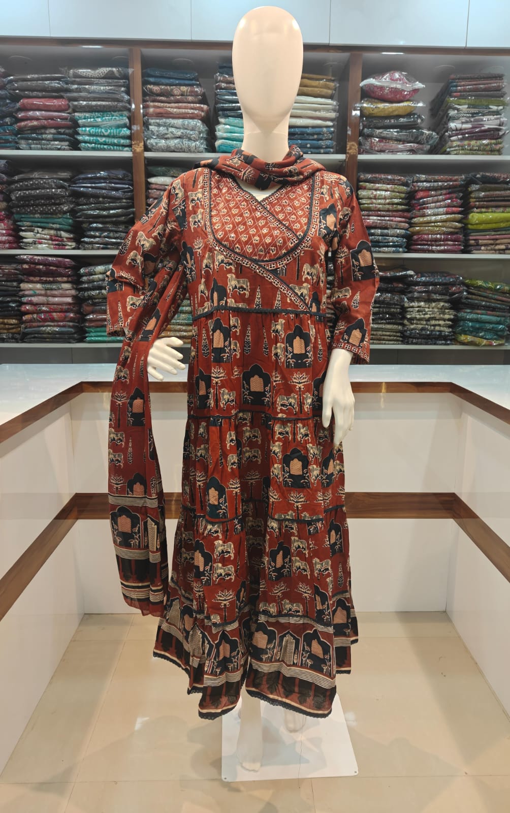 Anarkali Gold Round Frock Three Piece Set - Rust