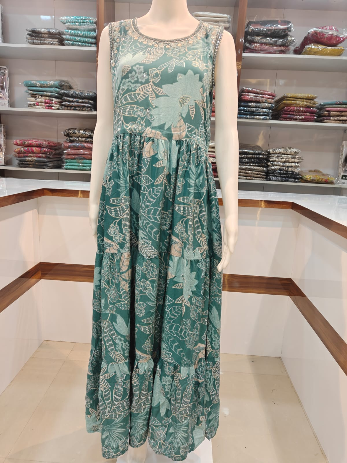 Embroidered Long Party Wear Frock - Teal