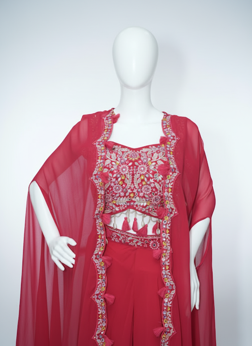 Embroidered Kaftan Party Wear Set - Coral